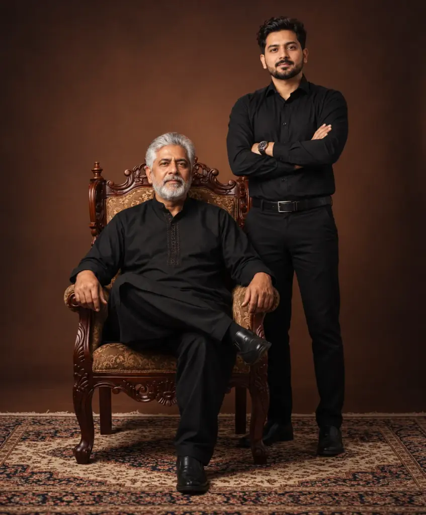 3. Elegant Father and Son Portrait in Black Outfits