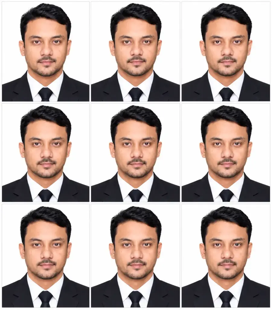 3×3 Passport-Size Photo Collage of a Man in a Black Suit and Tie