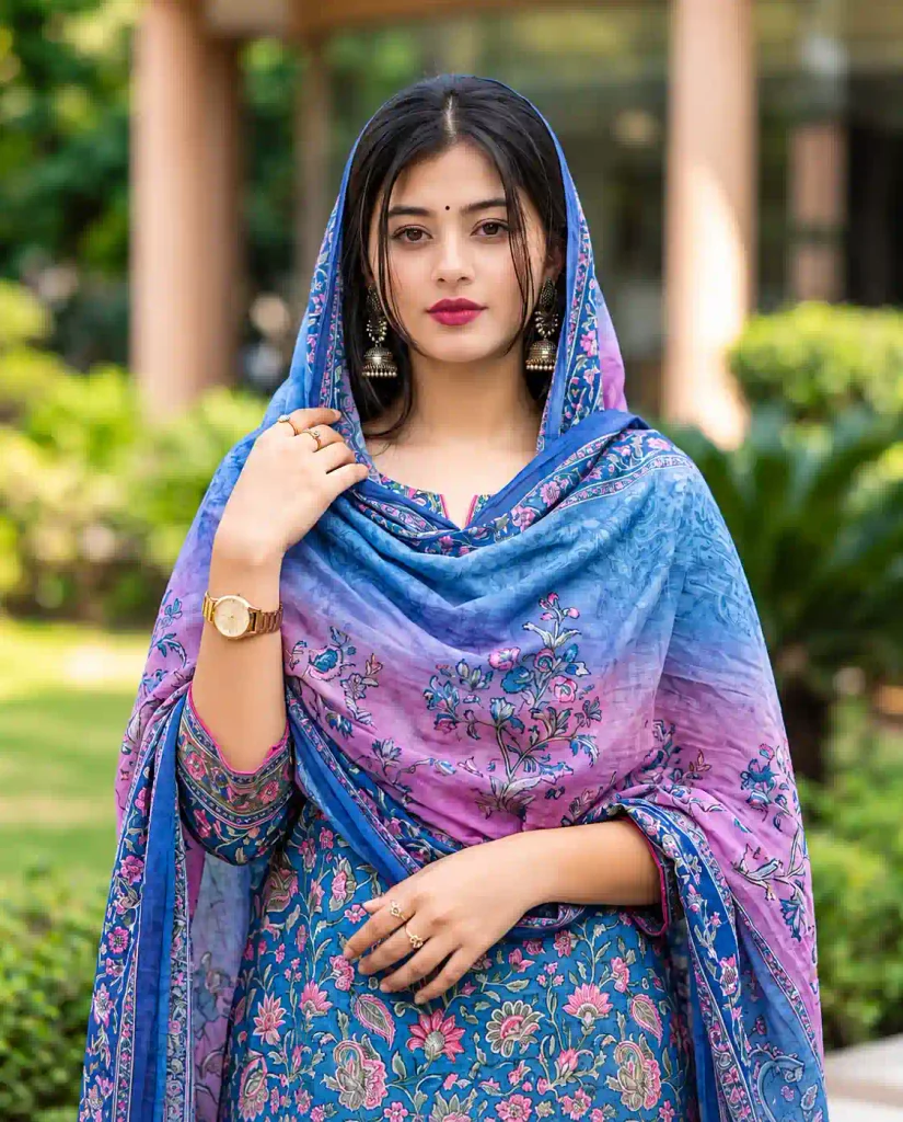 Beautiful Woman in a Blue and Purple Floral Salwar Suit with Dupatta – Outdoor Portrait