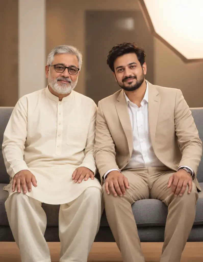 Elegant Father and Son Portrait Sitting Together on a Sofa