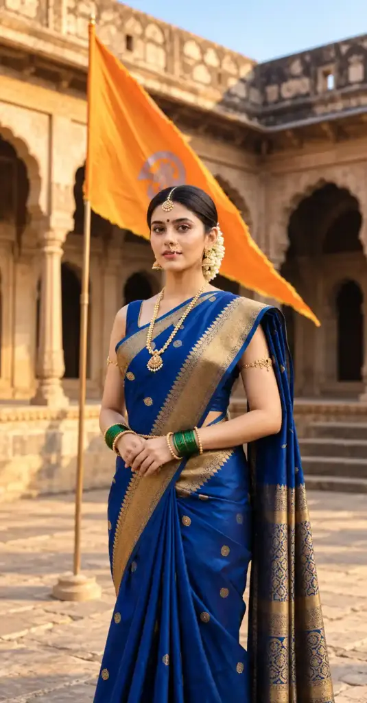 Elegant Indian Woman in a Royal Blue Silk Saree with Gold Zari Border – Traditional Temple Courtyard Portrait