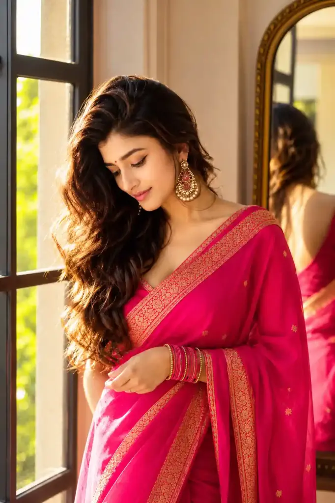 Elegant Woman in a Fuchsia Pink Saree with Gold Embroidery – Golden Hour Window Portrait