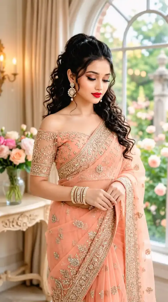 Elegant Woman in a Peach Embroidered Saree Portrait