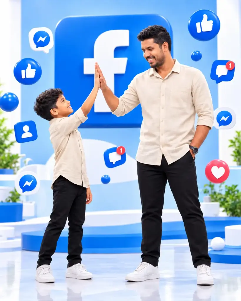 Father and Son High-Fiving in a Facebook-Themed Studio with Social Media Icons