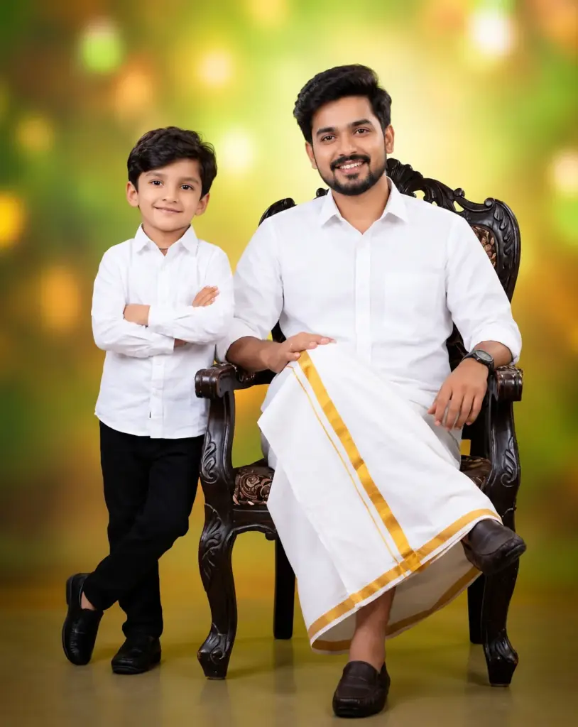 Father and Son Traditional Portrait in White Outfits