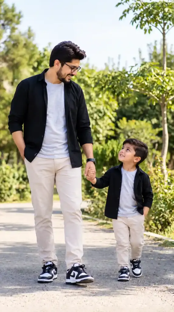 Father and Son Walking Hand in Hand in a Sunny Park