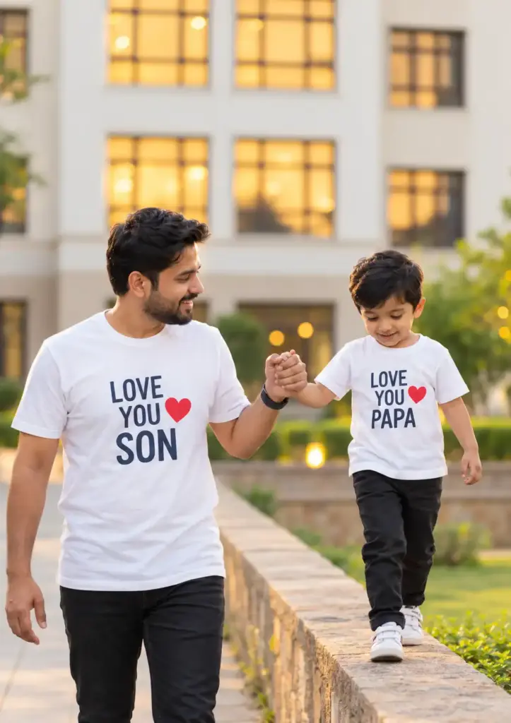 Father and Son Walking Hand in Hand on a Garden Wall at Golden Hour