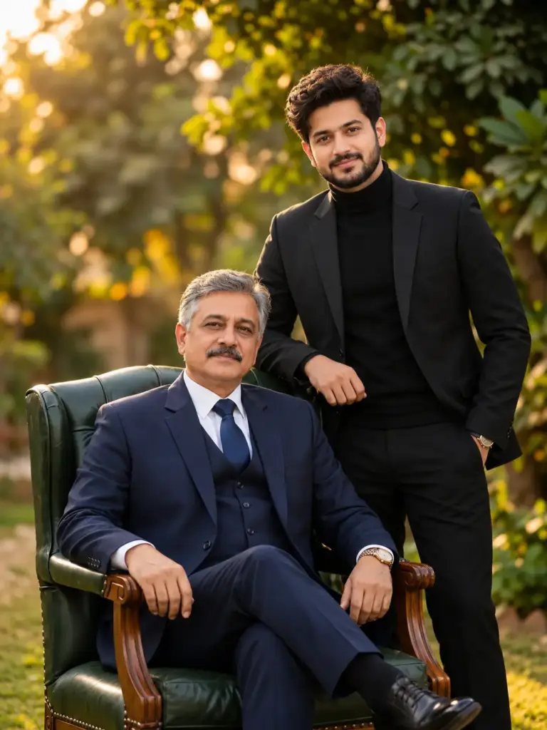 Elegant Father and Son Portrait in Formal Suits at a Garden