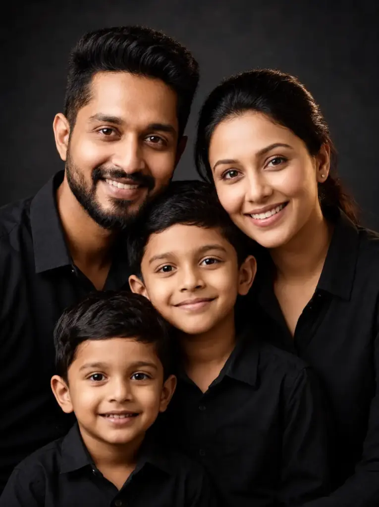 Happy Family of Four in Matching Black Outfits – Professional Studio Family Portrait
