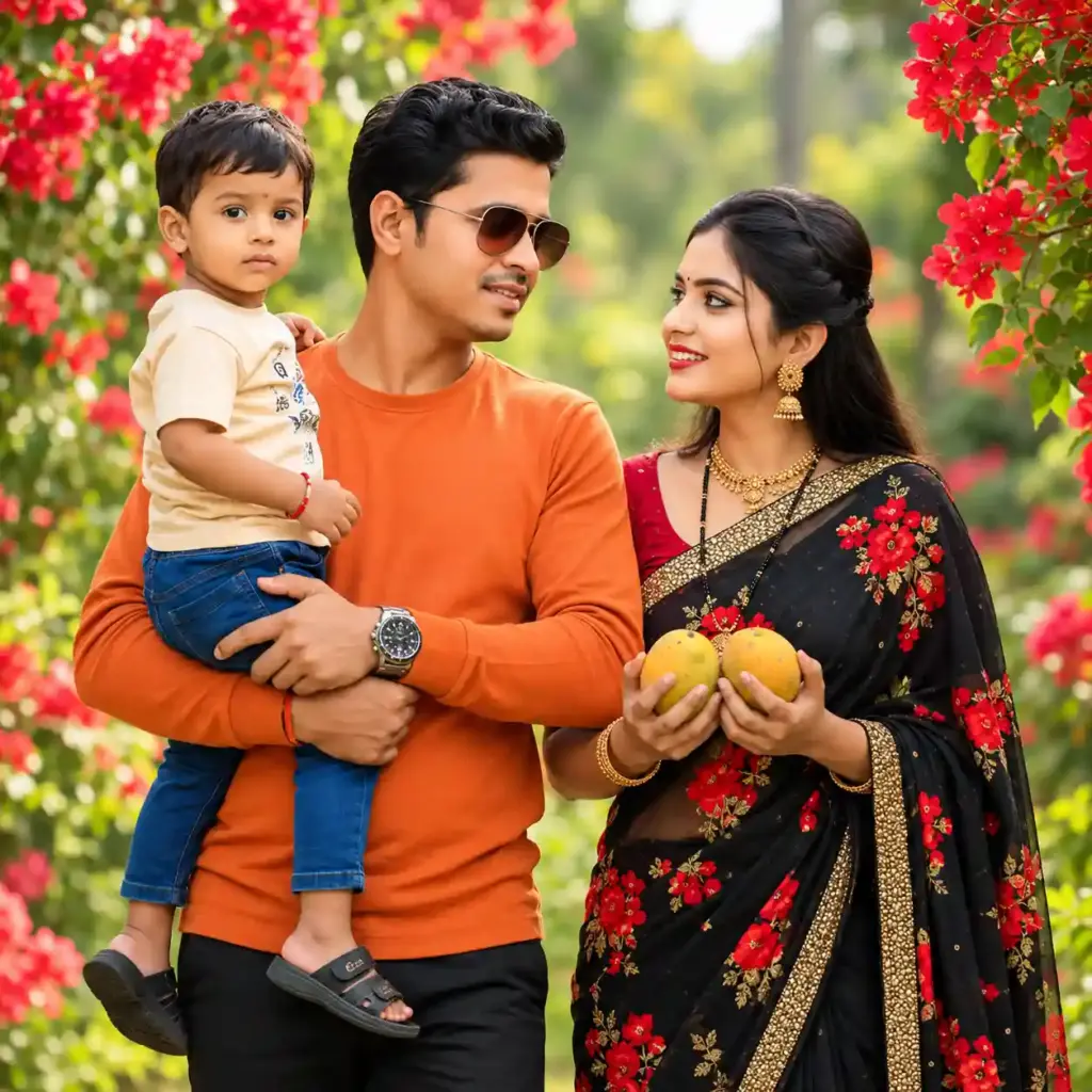 Happy Indian Family Portrait with Father Holding Toddler and Mother in a Black Floral Saree – Beautiful Garden Photoshoot