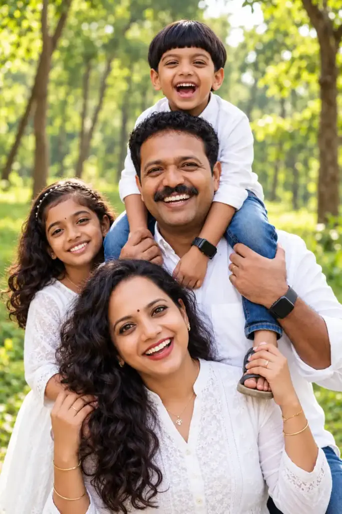 Happy Indian Family of Four in Matching White Outfits – Joyful Outdoor Forest Family Portrait