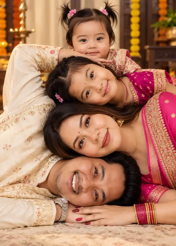 Happy Indian Family of Four in Traditional Festive Outfits – Warm and Candid Family Portrait