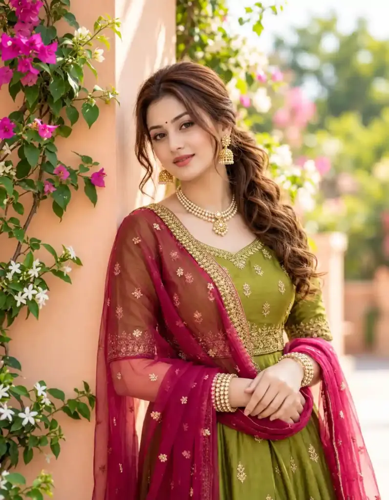 Olive Green Embroidered Anarkali Suit with Magenta Dupatta – Elegant Garden Portrait
