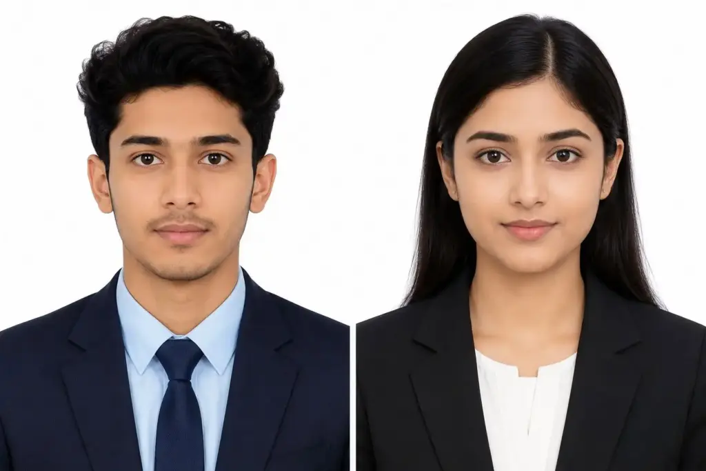 Professional Male and Female Passport-Size Portraits in Formal Business Suits on a White Background