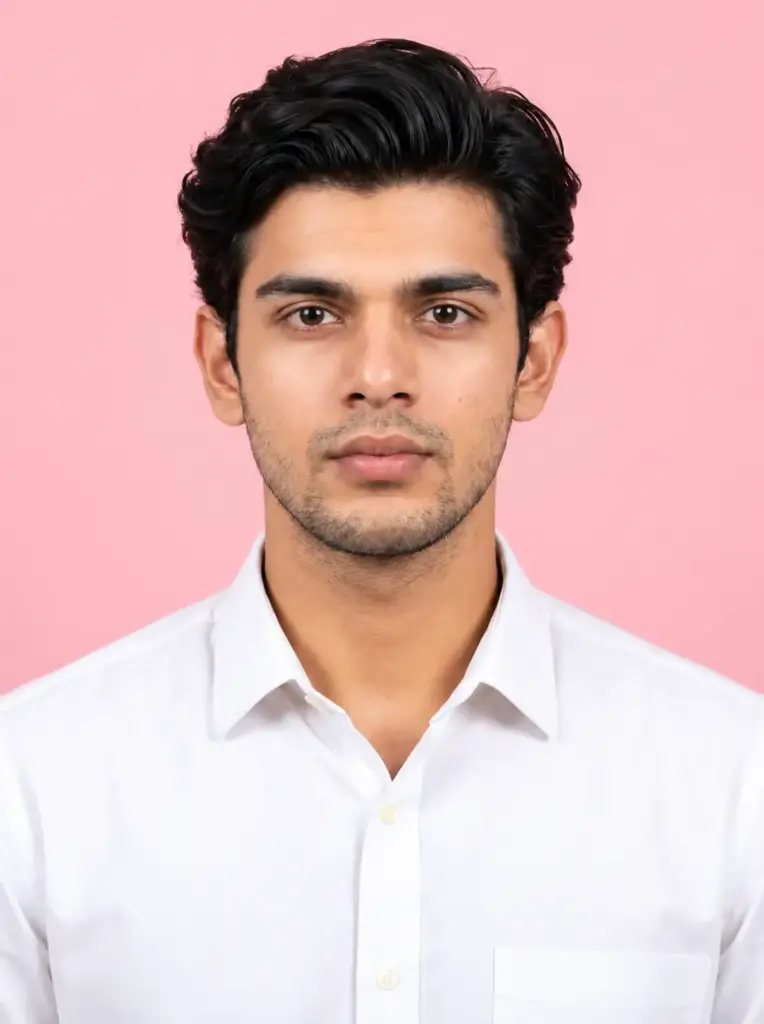 Professional Studio Portrait of a Young Man in a White Shirt with a Pink Background
