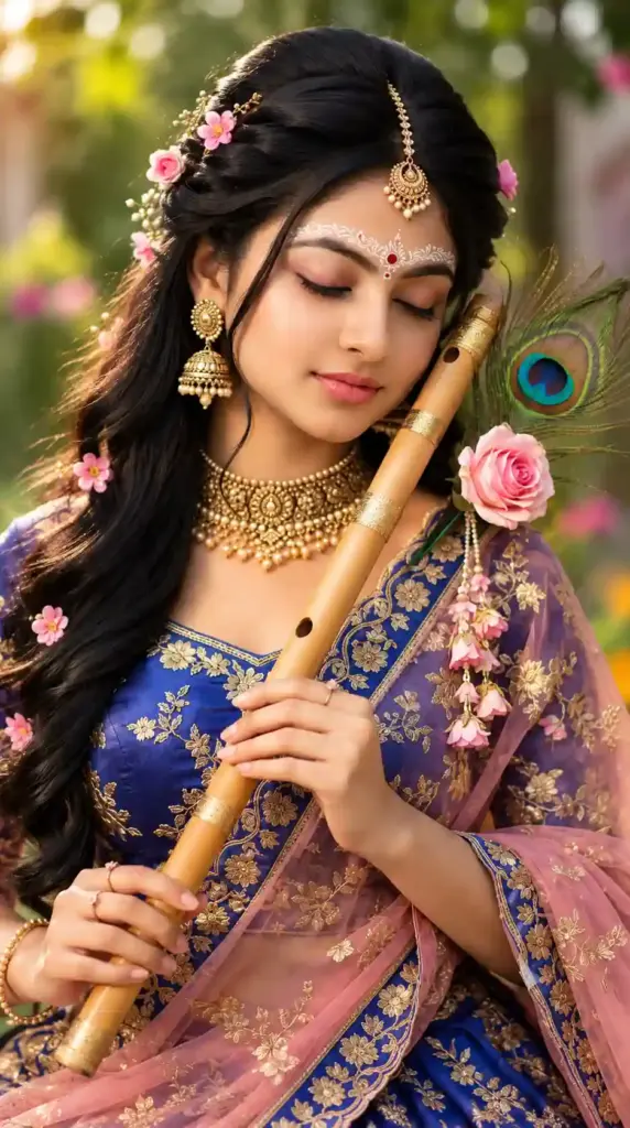 Radha-Inspired Woman Holding a Decorated Flute with Peacock Feather – Traditional Indian Portrait