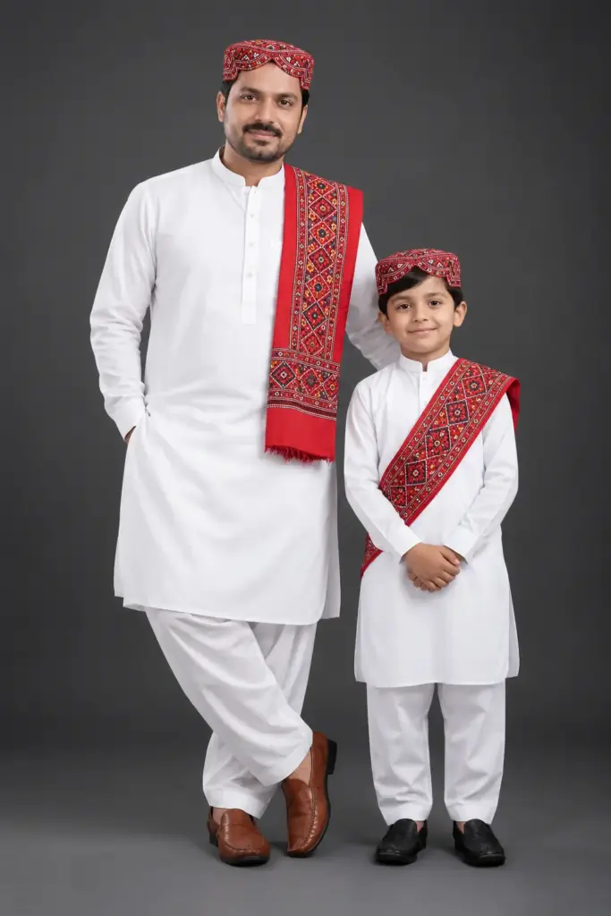 Father and Son in Matching White Traditional Sindhi Outfits with Red Ajrak Shawls