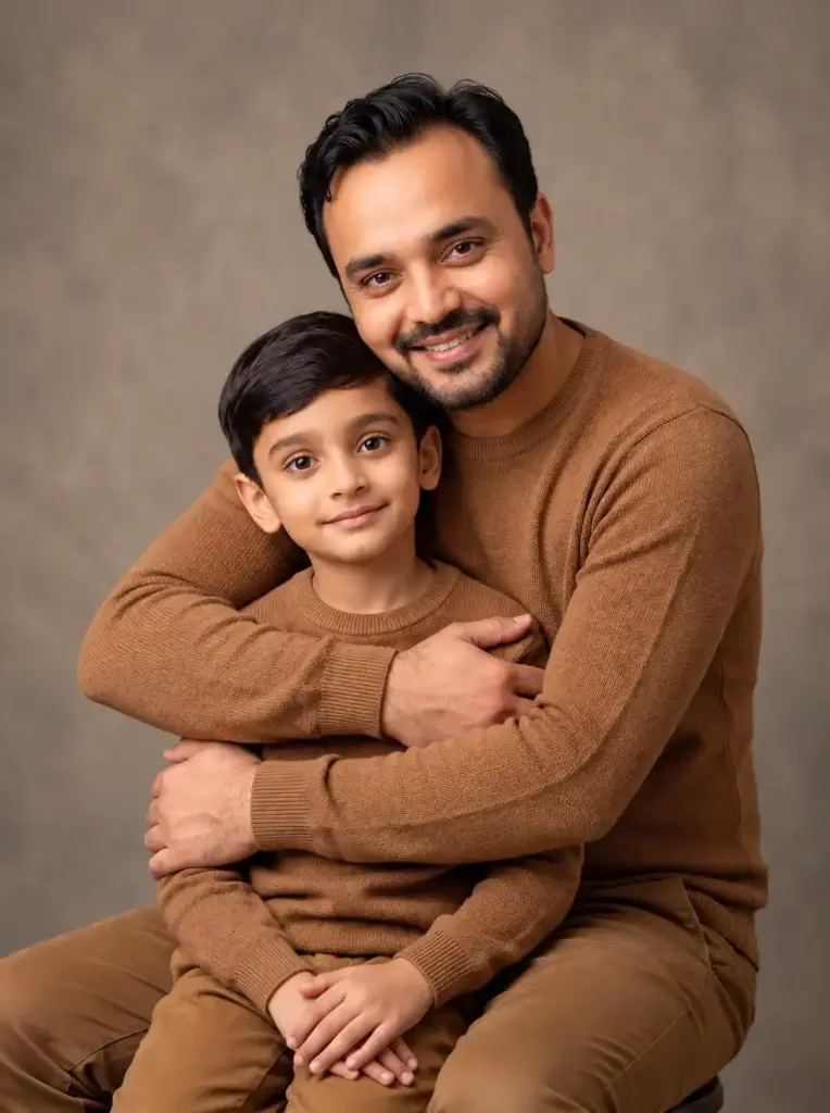 Heartwarming Father and Son Portrait in Matching Brown Sweaters