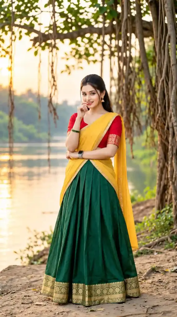 Woman in a Mustard Yellow Saree and Emerald Green Lehenga Standing Beside a River at Golden Hour