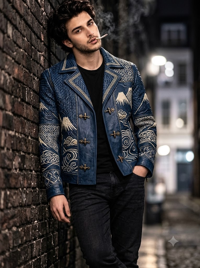 Young Man in Black Leather Jacket Smoking Against a Brick Wall