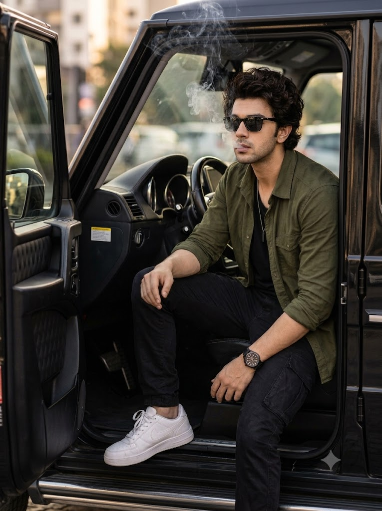 Young Man Smoking While Sitting in a Black SUV