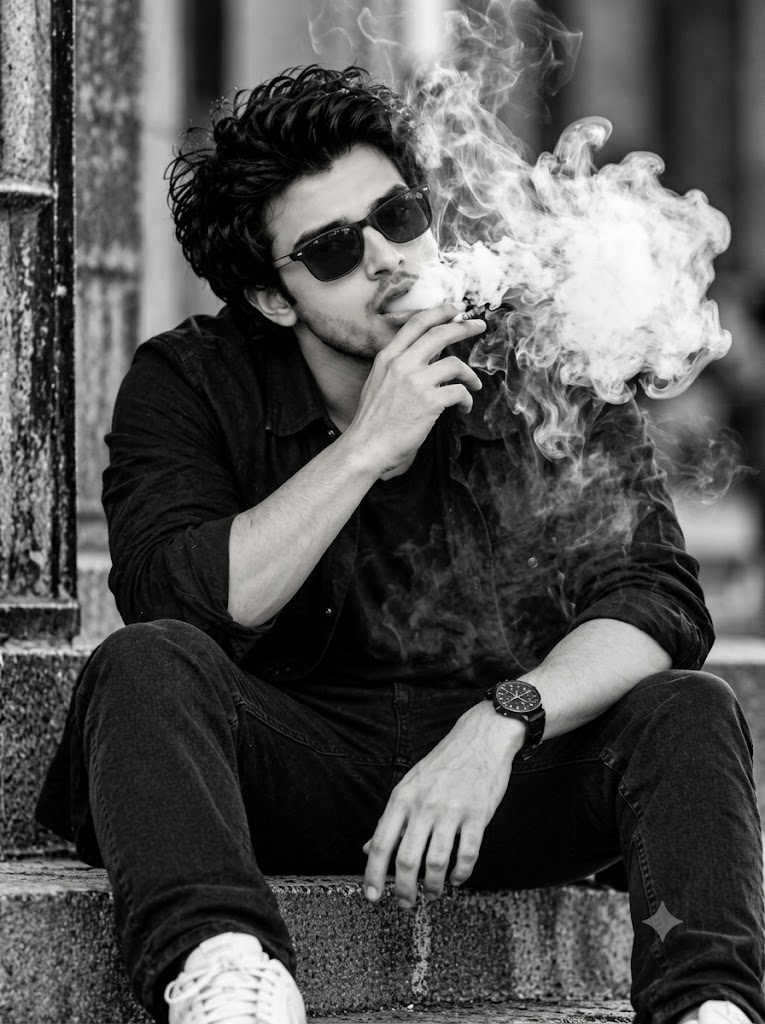 Black and White Portrait of a Young Man Smoking on Steps