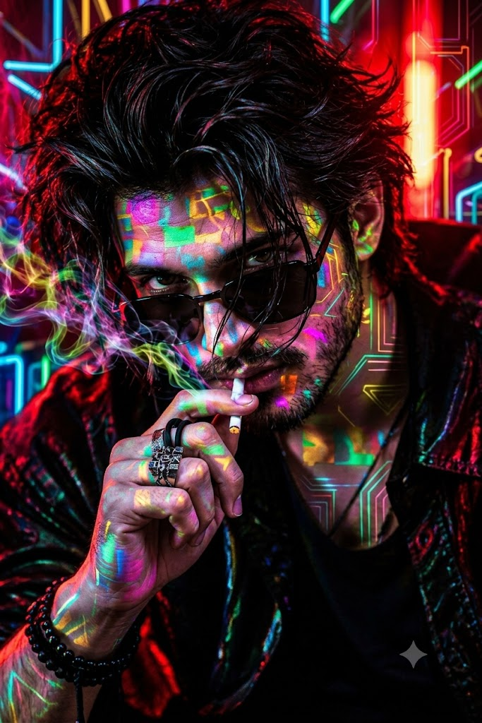 Neon Cyberpunk Portrait of a Young Man Smoking