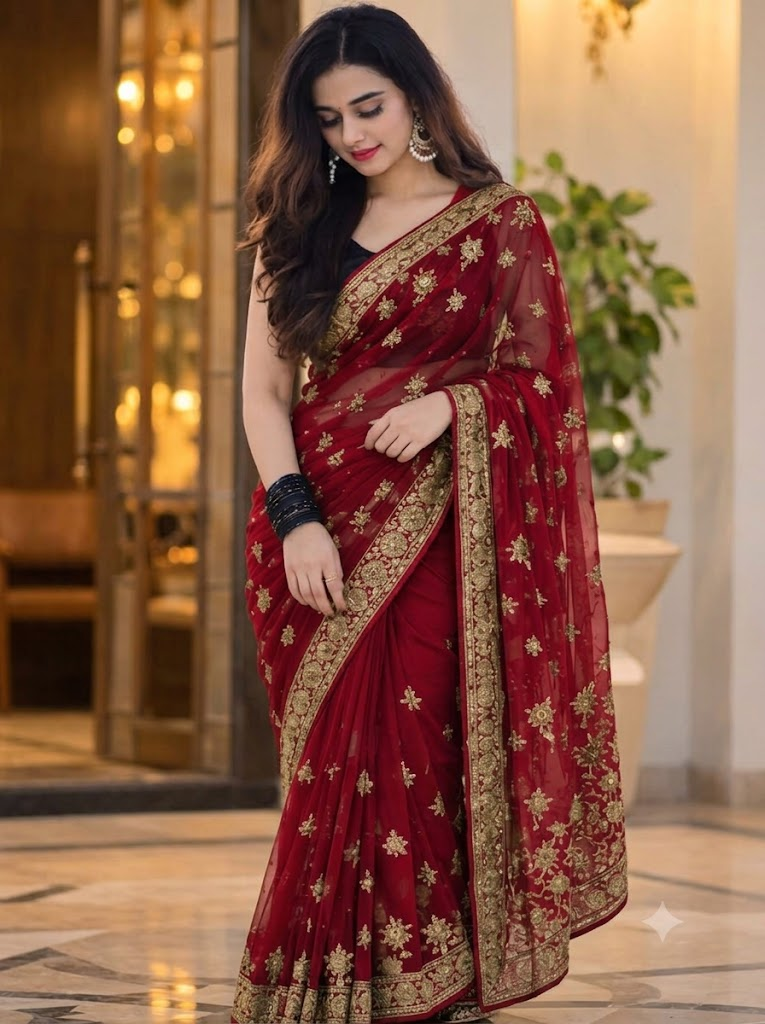 Gorgeous Red Saree with Golden Embroidery: Elegant Traditional Look