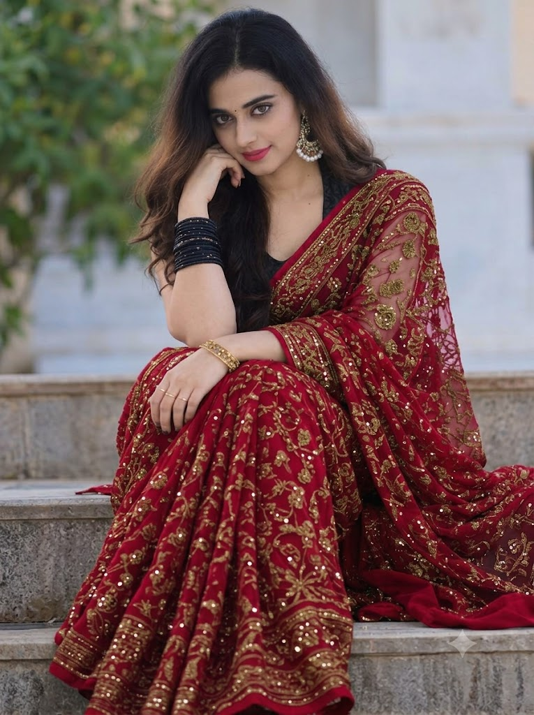 Elegant Red Saree Look: Graceful Sitting Pose & Traditional Beauty