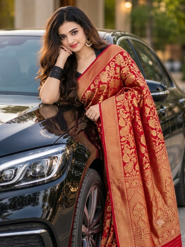 Royal Red & Gold Saree Look: Elegant Pose with Luxury Car Style