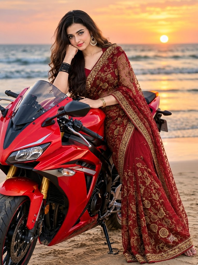 Royal Red Saree & Red Sports Bike: Glamorous Sunset Beach Look