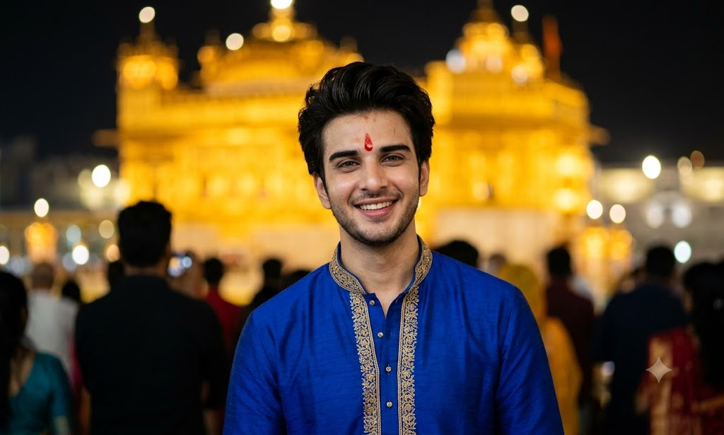 Smiling Young Indian Man Celebrating at a Glowing Golden Temple.