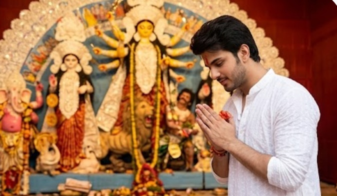 Young Man Offering Prayers at a Durga Puja Pandal
