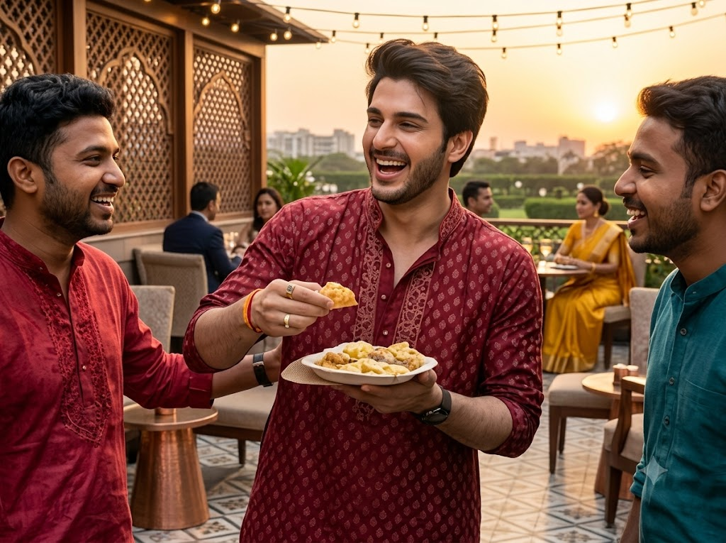 Young Man Sharing Street Food and Laughing with Friends
