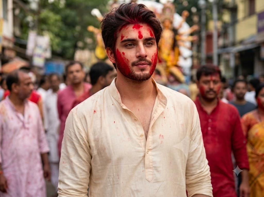 Young Man Smeared with Red Color During Festivities